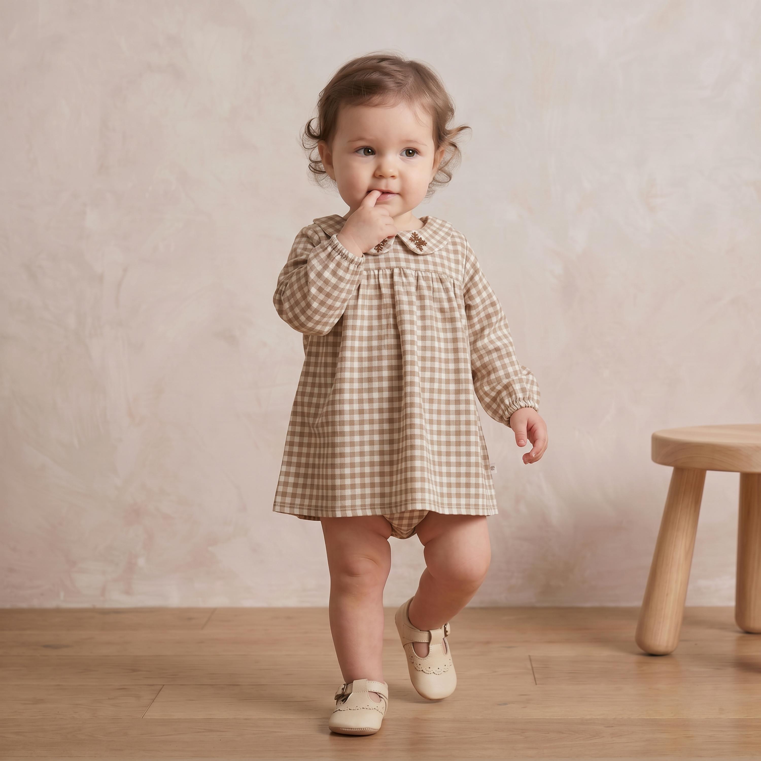 Organic Peter Pan Collar Dress - Oat Gingham
