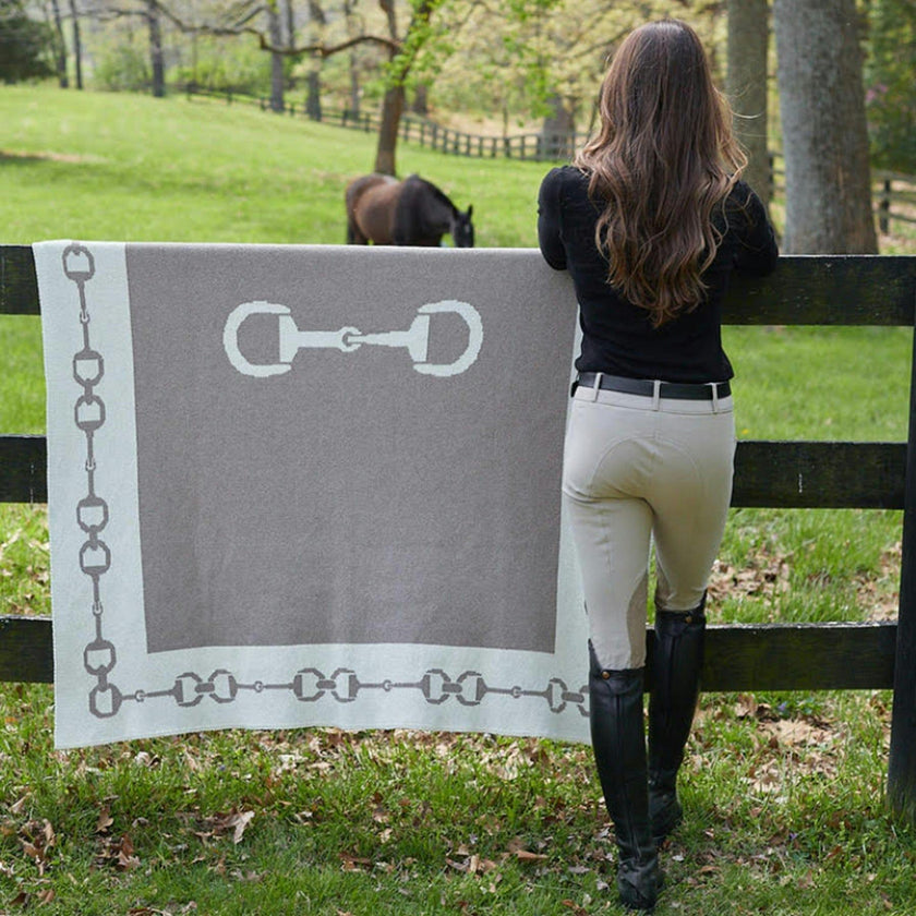 Cotton Sustainable Knit Throw Blanket - Equestrian Snaffle Bit Border