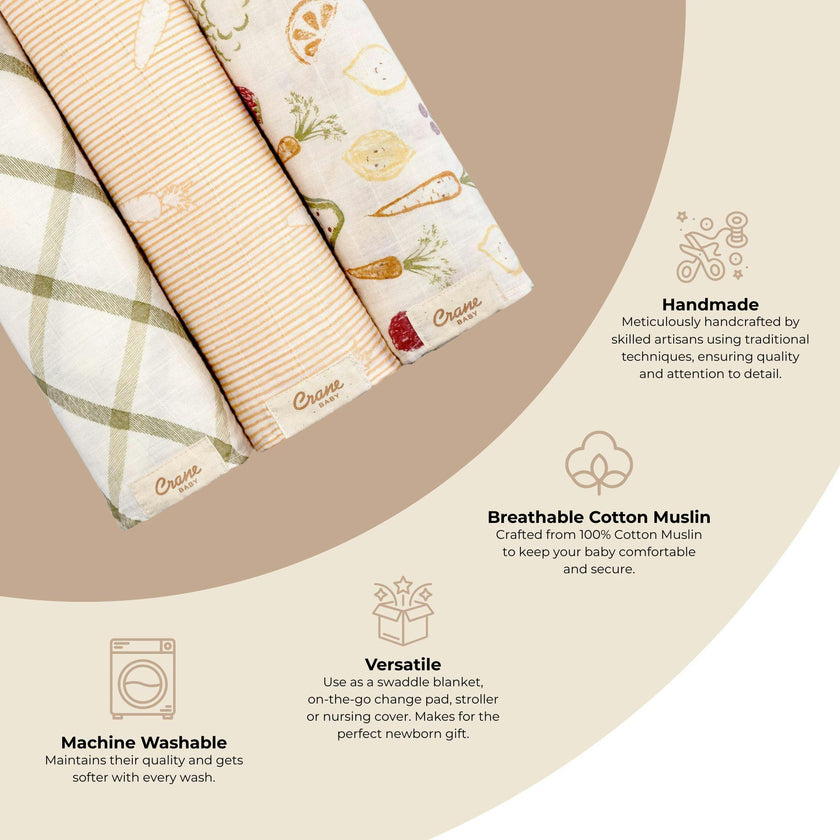 Clementine Cotton Muslin Swaddle Blanket Set (Veggies, Set of 3)
