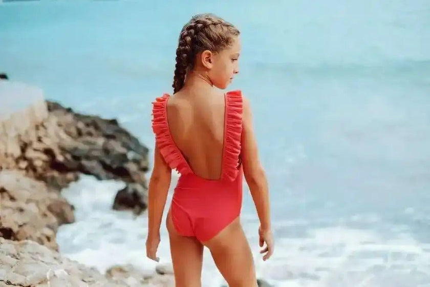 Girls' one-piece swimsuit with ruffles, UPF50+, coral | BORA BORA 1P