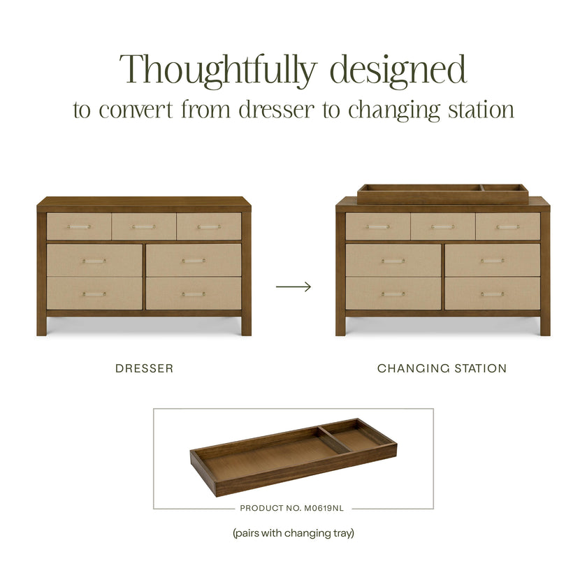Eloise 7-Drawer Wide Assembled Dresser (56") in Natural Walnut & Performance Sand Eco-Weave