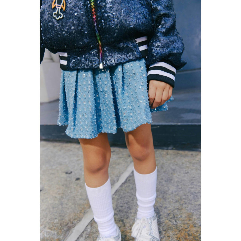 Denim Sparkle Pleated Short Skirt