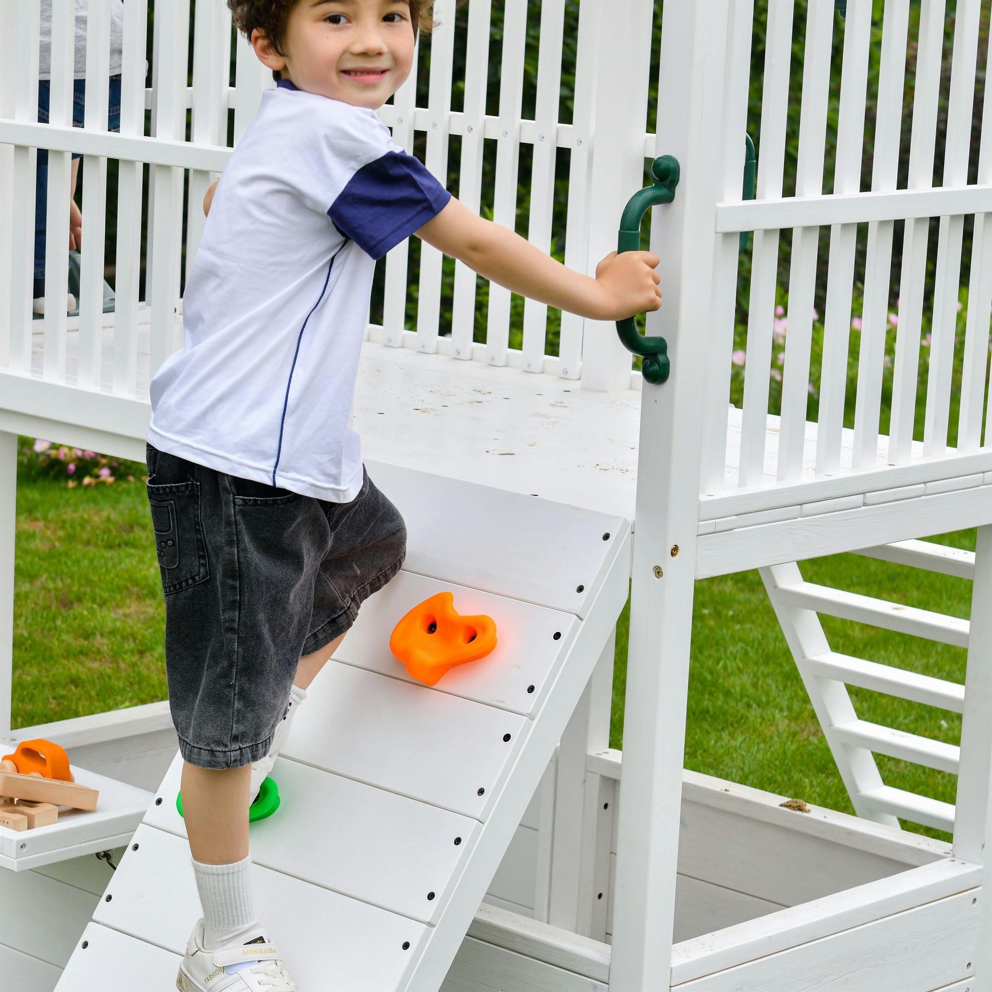 Craftsman | Modern Wooden Swing Set with Slide, Climber & Sandbox