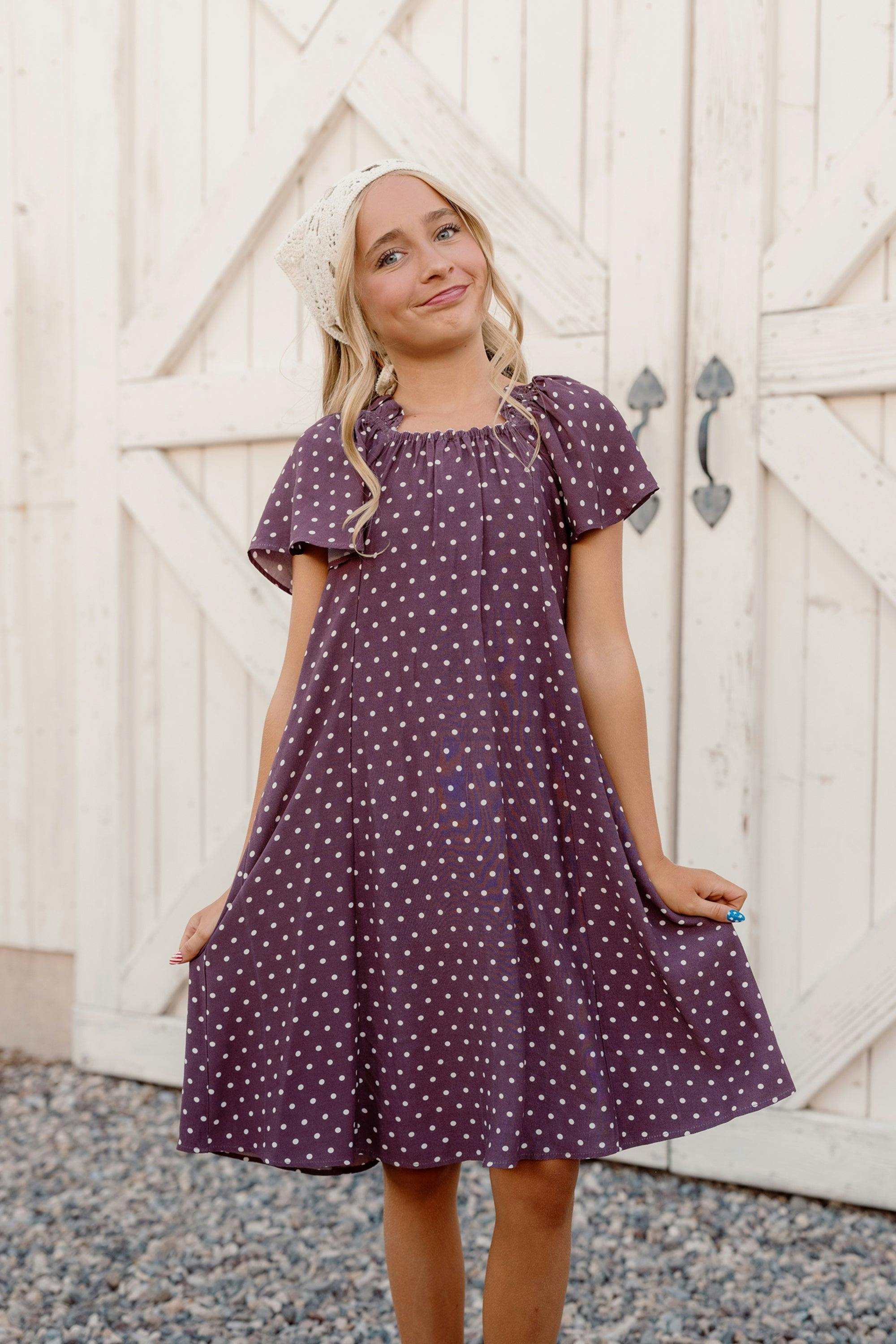 Teen Blakely Dress in Aubergine Ditsy Dot