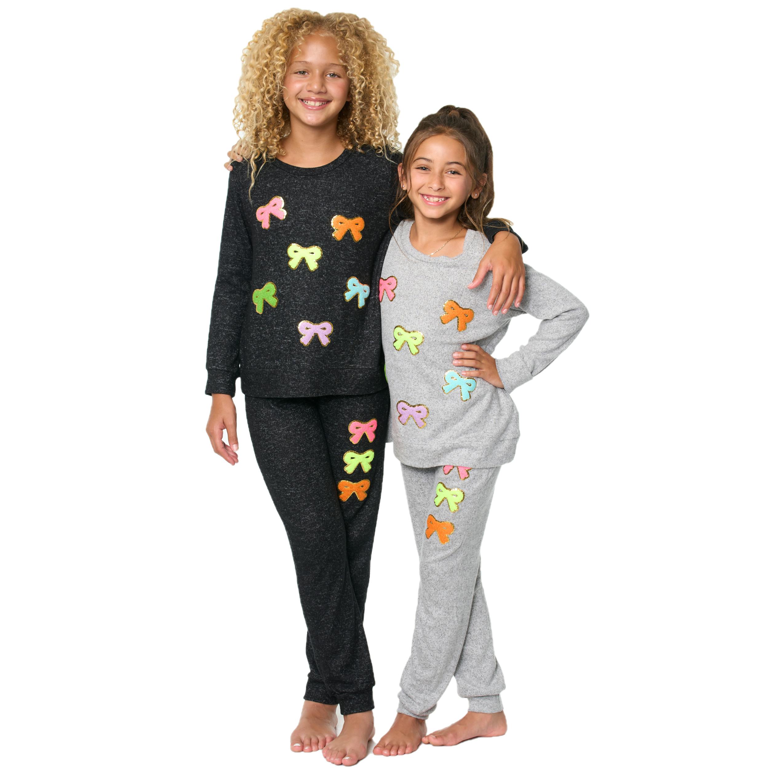 Hacci Sweatpants with Assorted Color Glitter Chenille Bow Patches