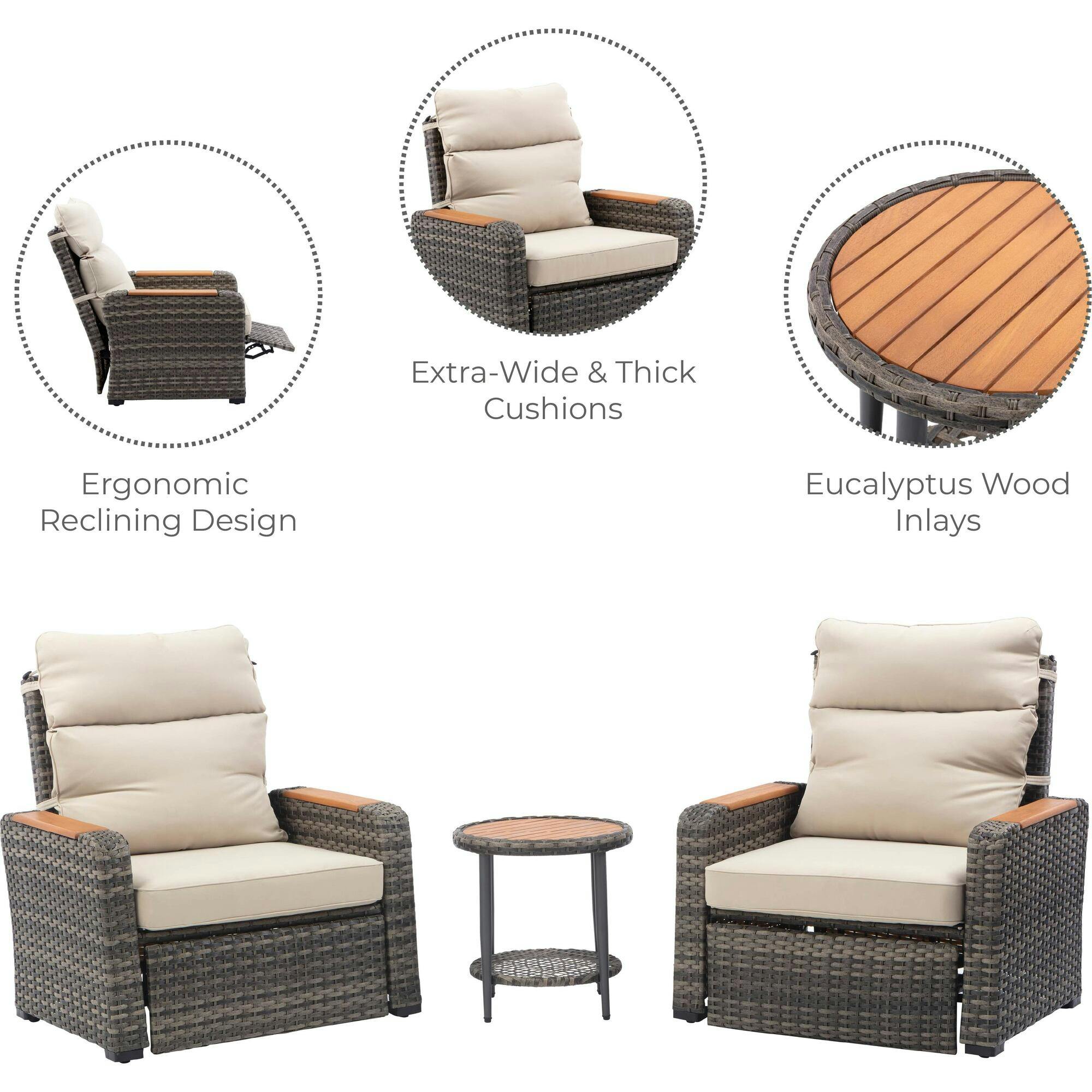 Teamson Home Outdoor Seating Wicker Frame & Wood Armrests Recliner Set in Gray