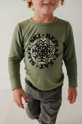 Boys Long Sleeve Tee in Eat Sleep Ski Repeat in Olive
