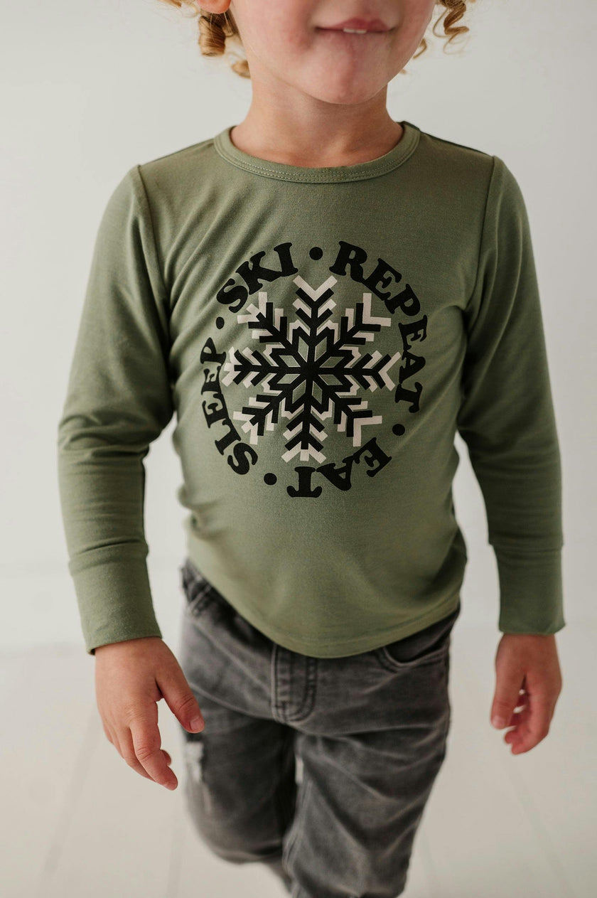 Boys Long Sleeve Tee in Eat Sleep Ski Repeat in Olive