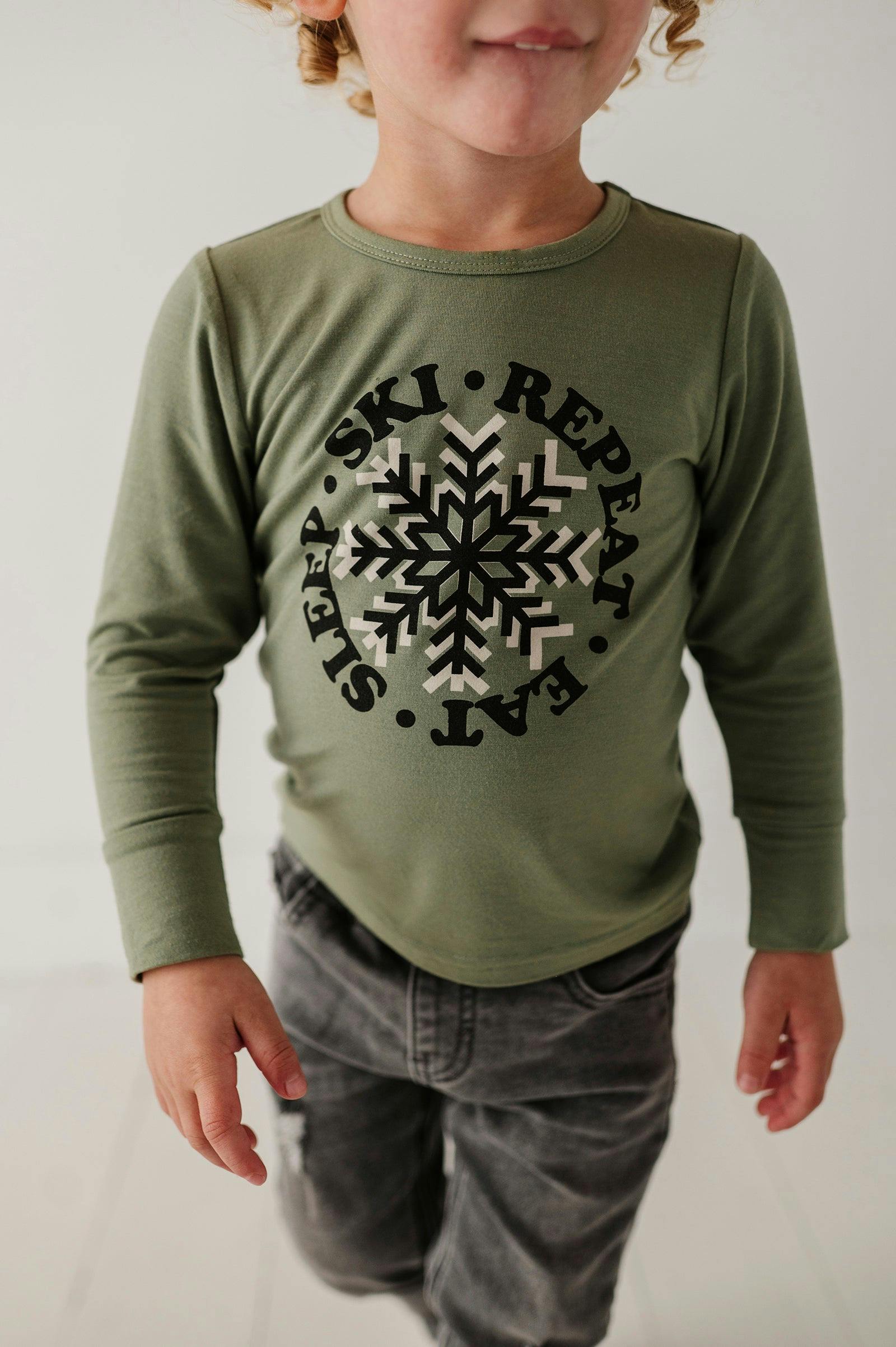 Boys Long Sleeve Tee in Eat Sleep Ski Repeat in Olive