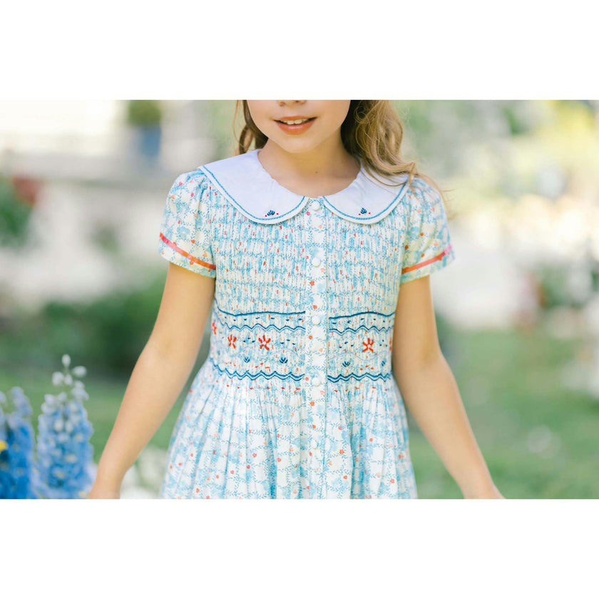 Riviera Blue Floral Short Sleeve Smocked Dress