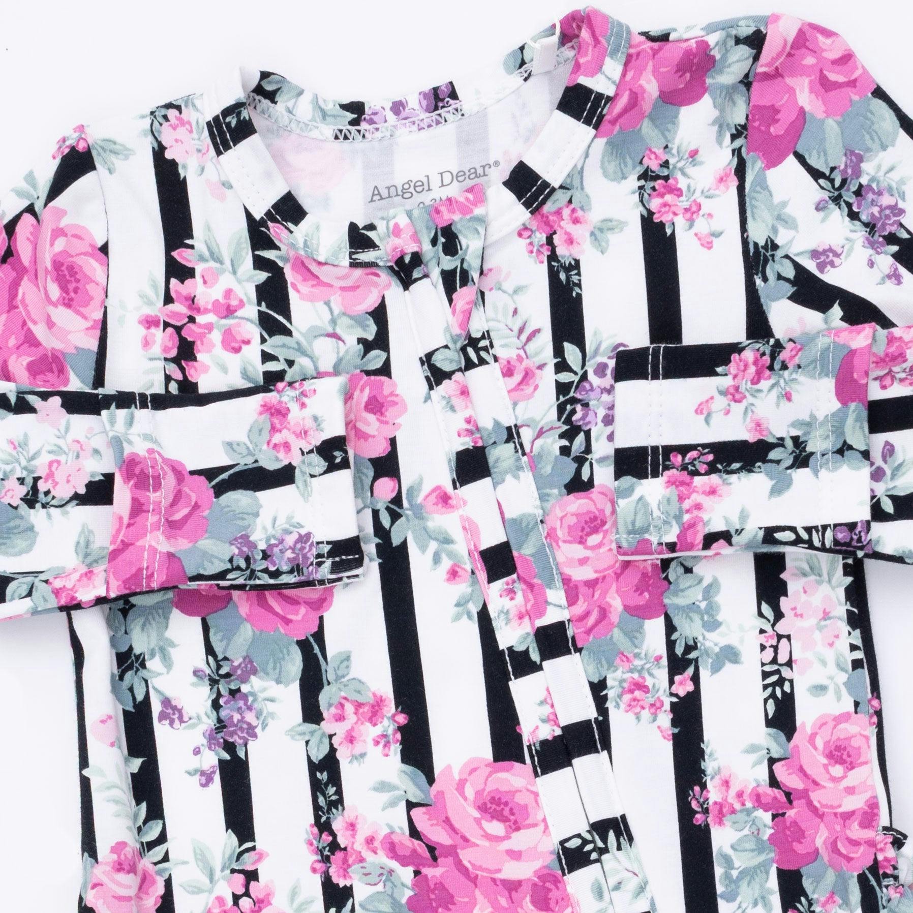 Cabbage Rose Stripe - 2 Way Ruffle Back Zipper Footie