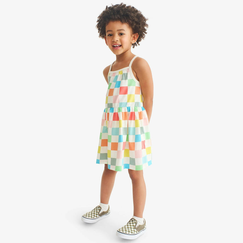 Kids boardwalk dress in rainbow checkerboard