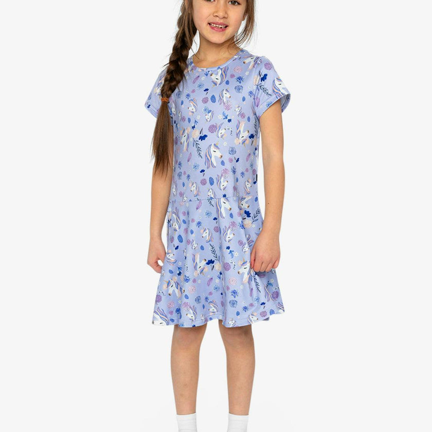 Short Sleeve Dress Purple Unicorn Print