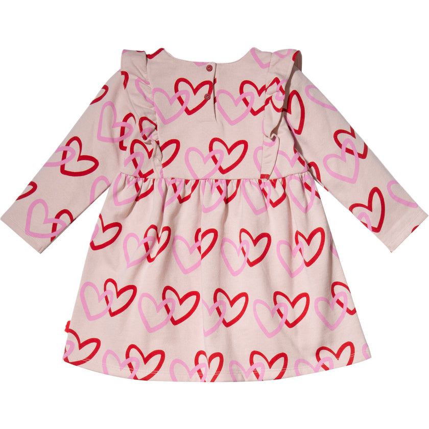 Hearts Print Ruffle High Waist Long Sleeve Skirt Dress, Pink