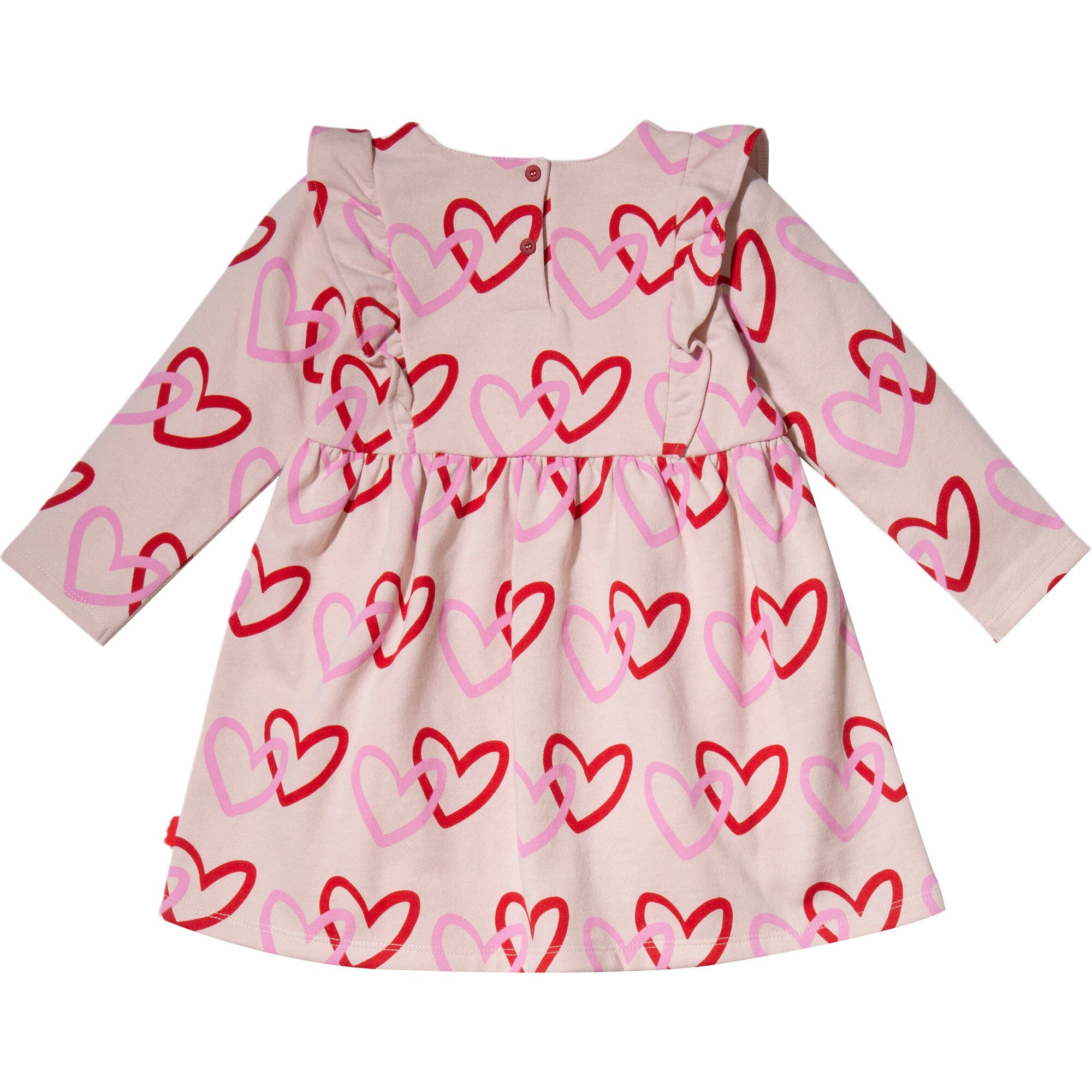 Hearts Print Ruffle High Waist Long Sleeve Skirt Dress, Pink
