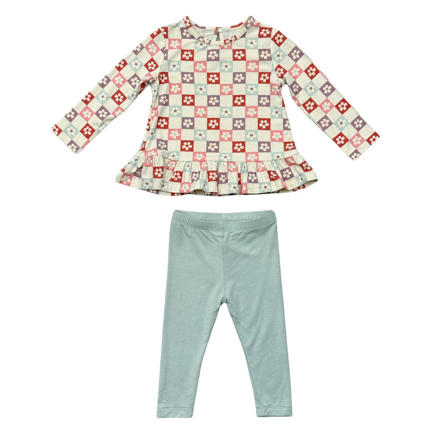 Girls Long Sleeve Peplum Set in Wavy Daisy Checkered