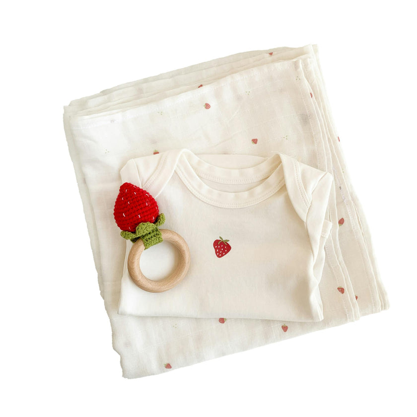 Swaddle Onesie and Teether Set - Strawberry