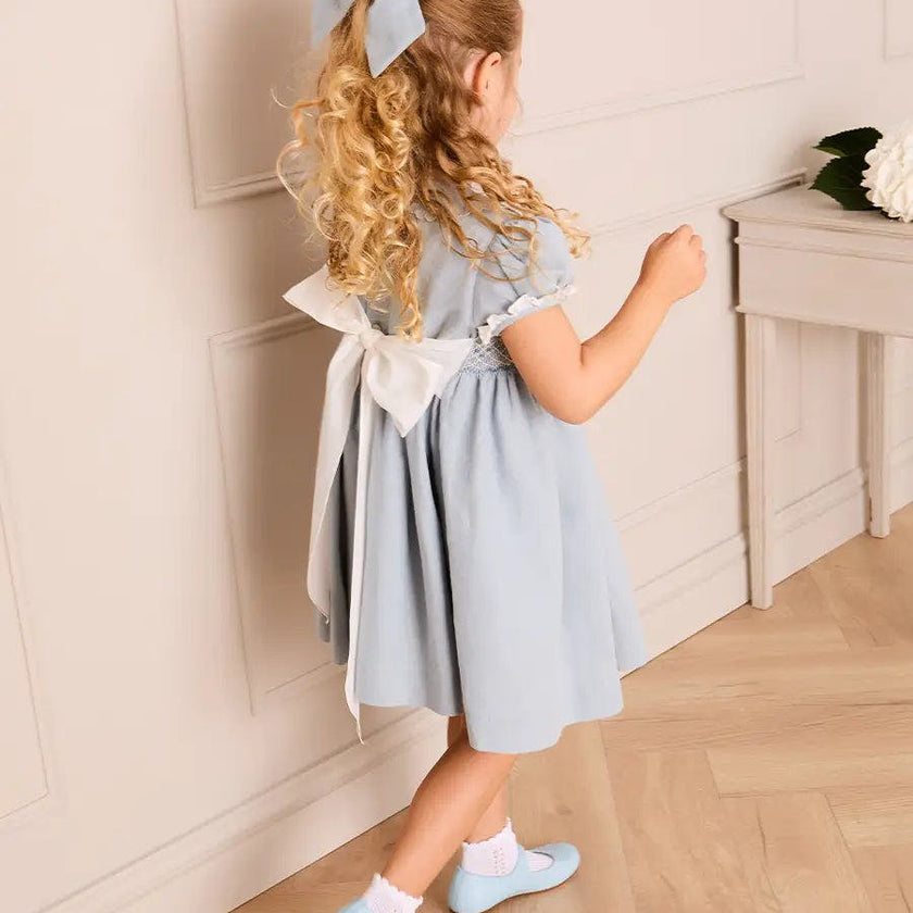 Hand Smocked Peter Pan Collar Short Sleeve Dress in Sky Blue (12mths-10yrs)