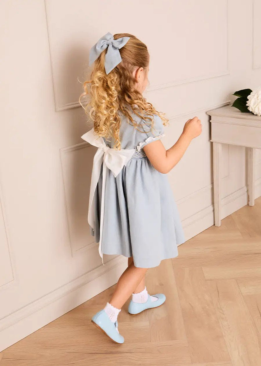 Hand Smocked Peter Pan Collar Short Sleeve Dress in Sky Blue (12mths-10yrs)