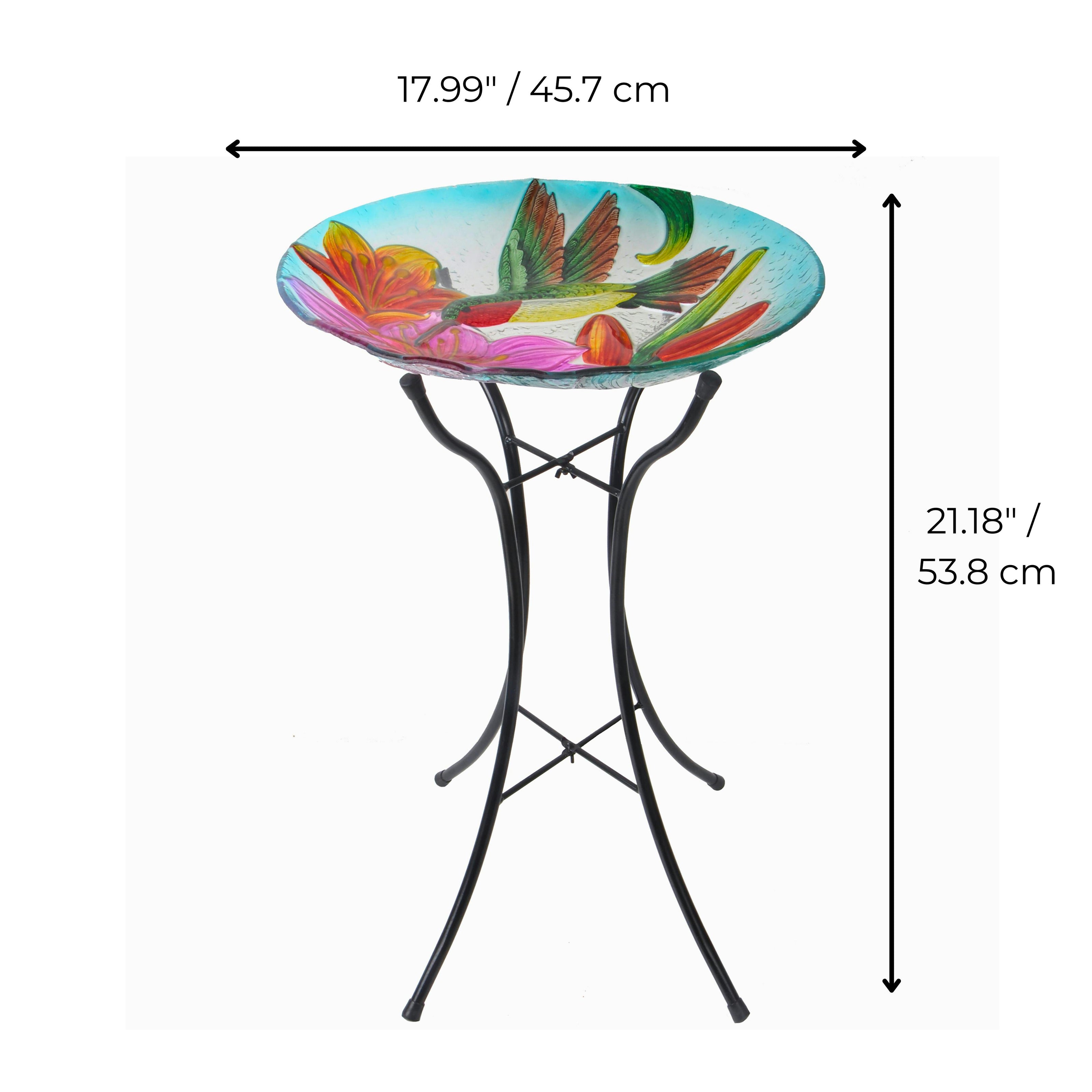 Hand painted Hummingbird Glass Birdbath with Solar LED
