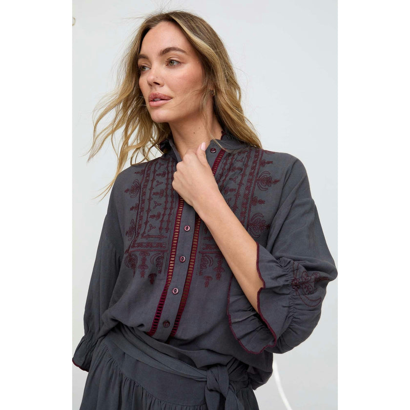 Julie Ruffle Neck Embroidered Shirt
