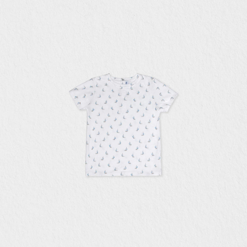 Cederique Boy T-shirt Short Sleeve, White Blue Boat