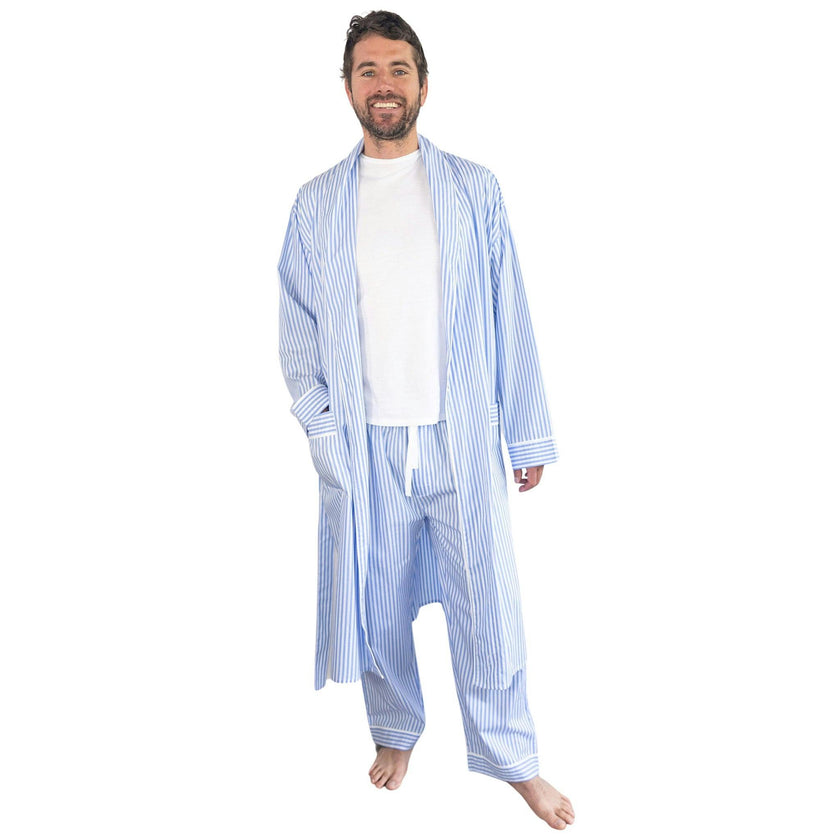 Men's Braddock Classic Robe - Blue Stripe Organic Cotton Poplin