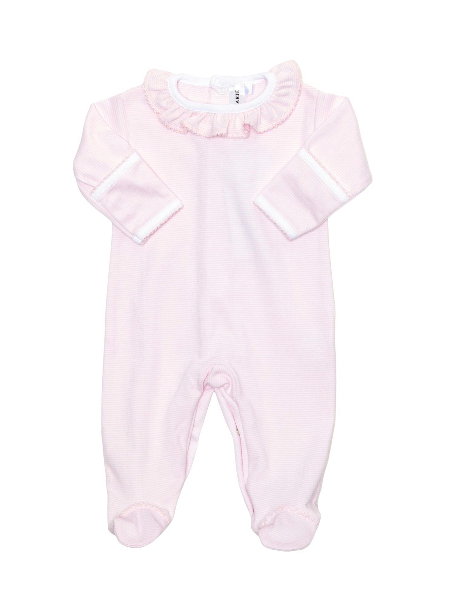 Ruffled Collar Pima Cotton Footie | Lt Pink Mini Stripe