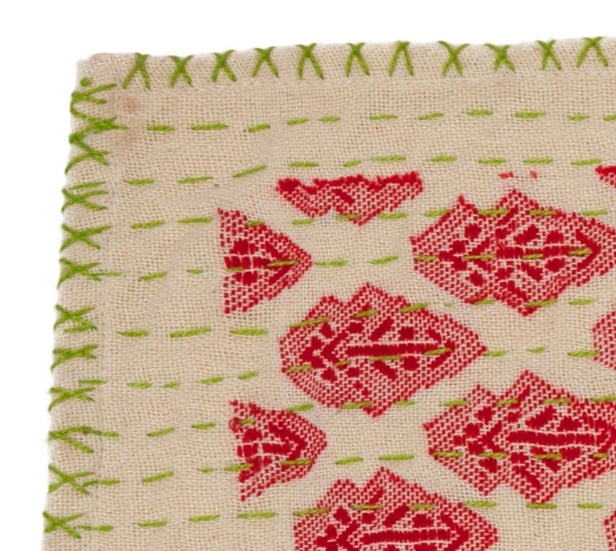 Artisan Hand Loomed Cotton Table Runner - Red Green Stitching - 18