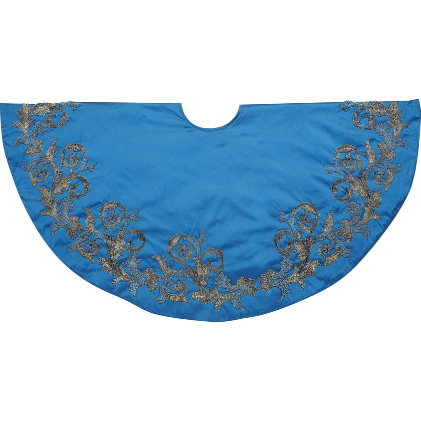 Hand Beaded Imperial Blue Silk Christmas Tree Skirt Blue 60" / 72"