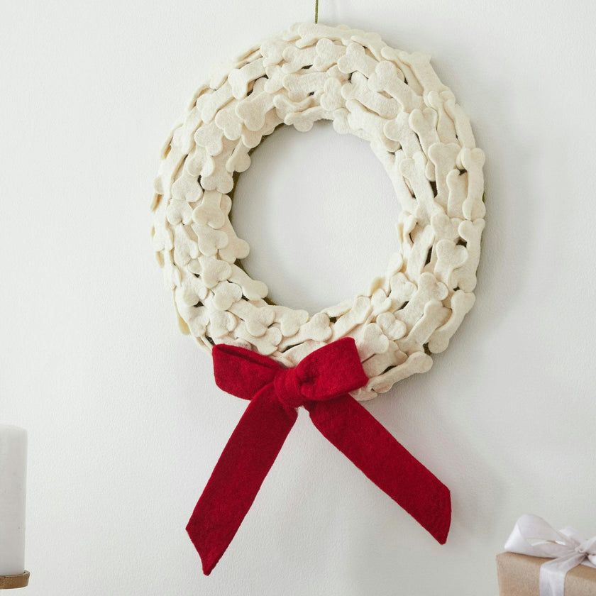Dog Bones Red Bow Handmade Hand Felted Wool Wreath - 14"