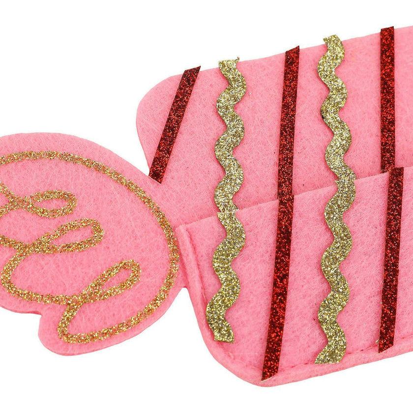 Packed Party Candy Pink Felt Gift Card Holder - Wrapped Candy-Shaped Holiday Gift Card Sleeve with Gold Glitter and Green Stripes for Christmas Gifting