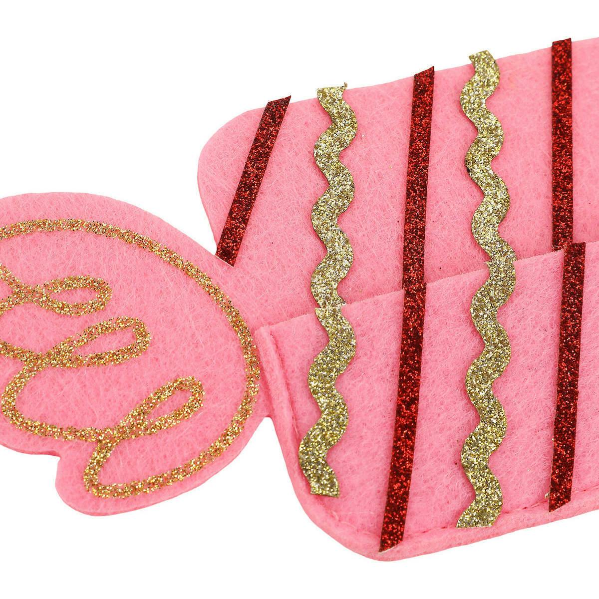 Packed Party Candy Pink Felt Gift Card Holder - Wrapped Candy-Shaped Holiday Gift Card Sleeve with Gold Glitter and Green Stripes for Christmas Gifting
