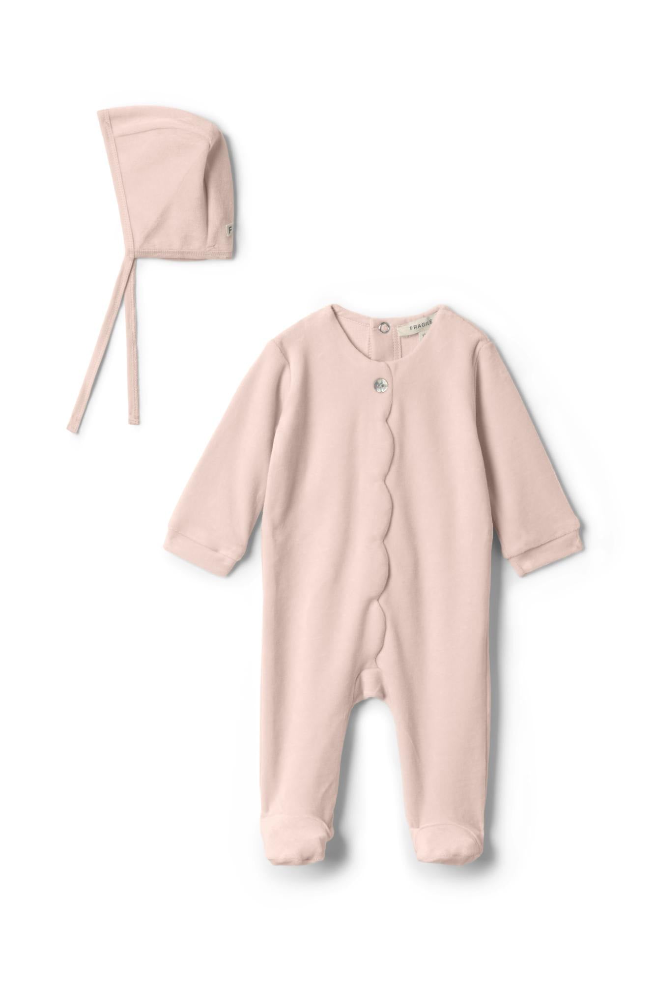 Cotton Velour Scalloped Snap Front Romper and Bonnet Two Piece Set