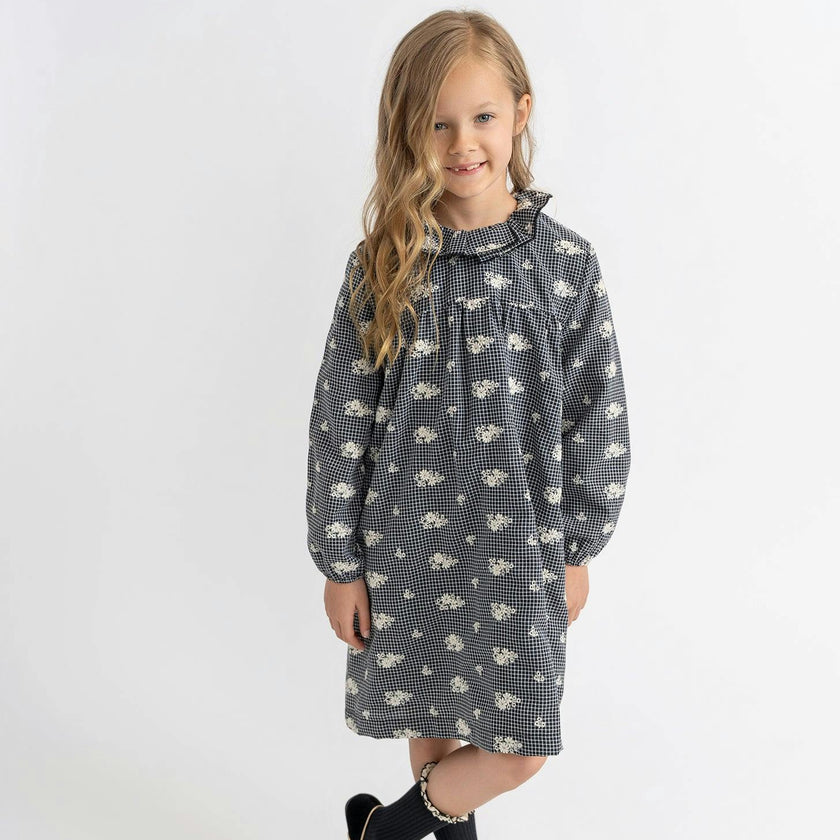 Checkered Embroidered Dress Black