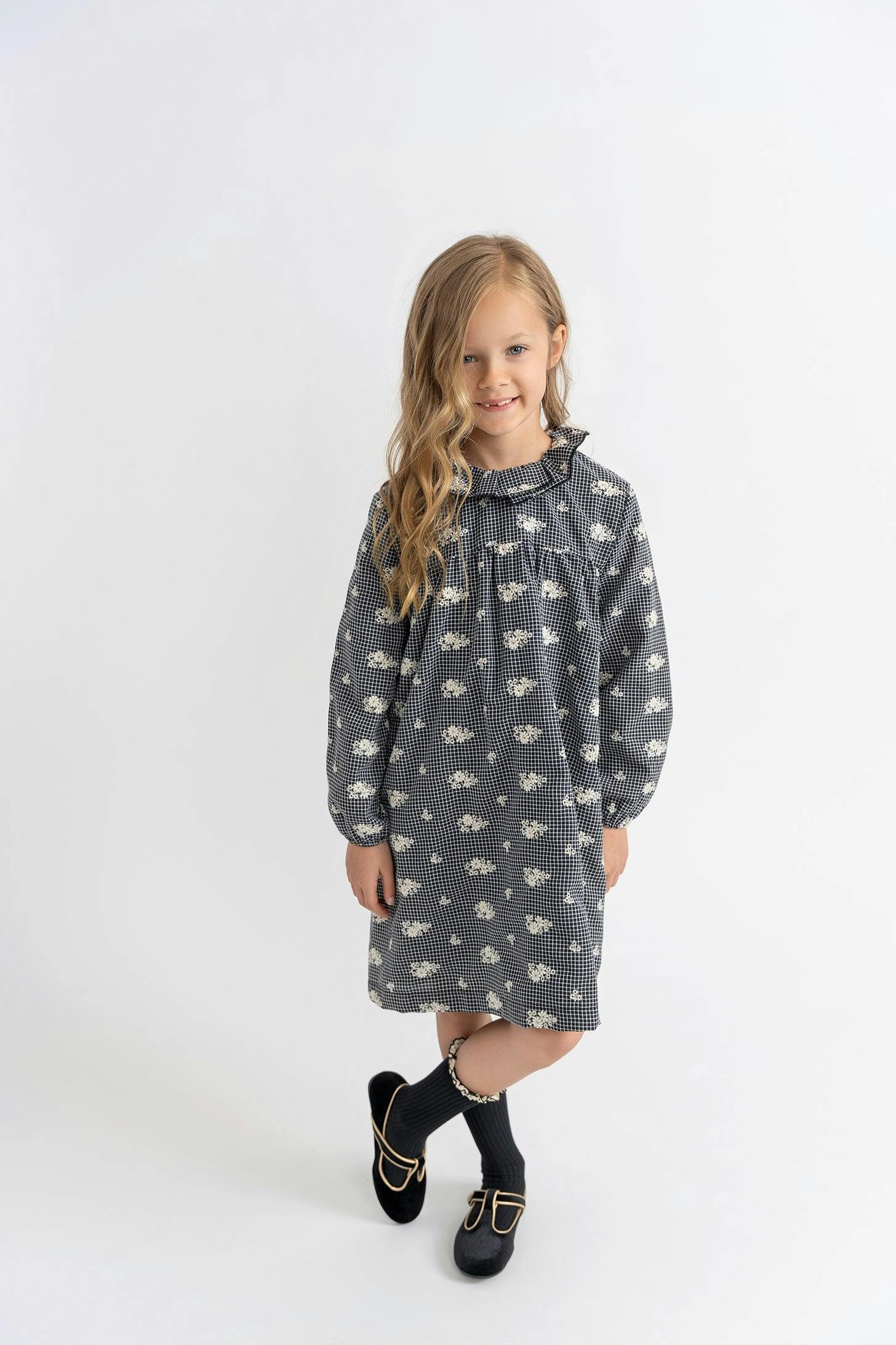 Checkered Embroidered Dress Black