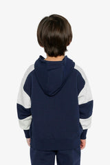 Hooded Striped Fleece Cardigan Dark Blue and Beige