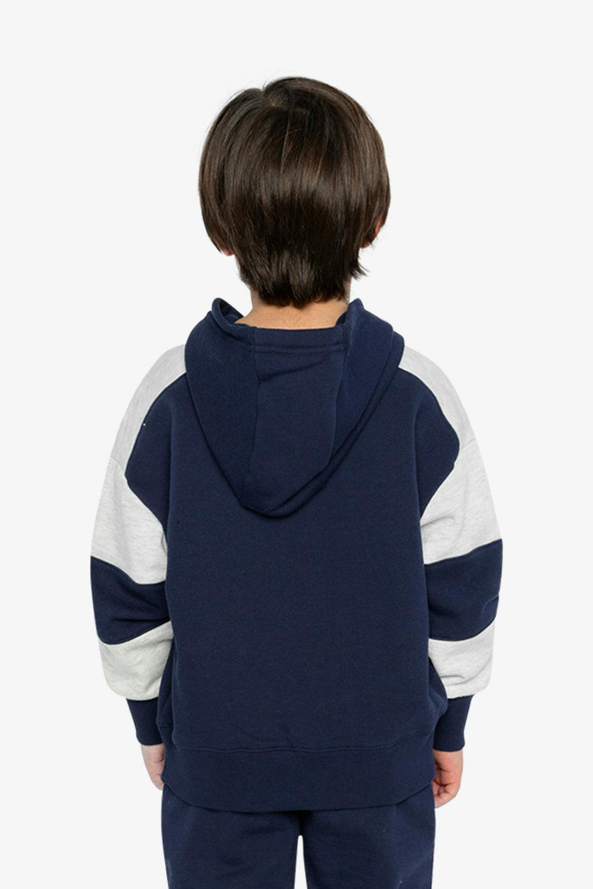 Hooded Striped Fleece Cardigan Dark Blue and Beige