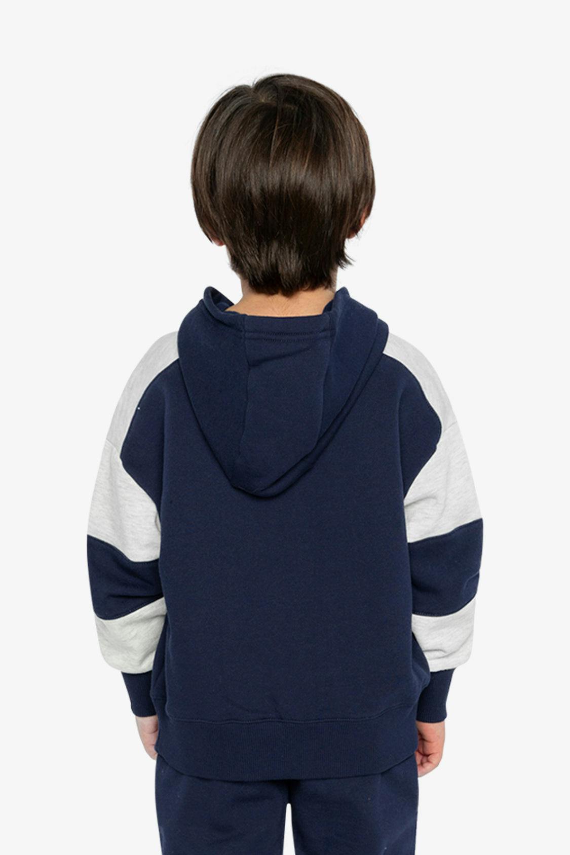 Hooded Striped Fleece Cardigan Dark Blue and Beige