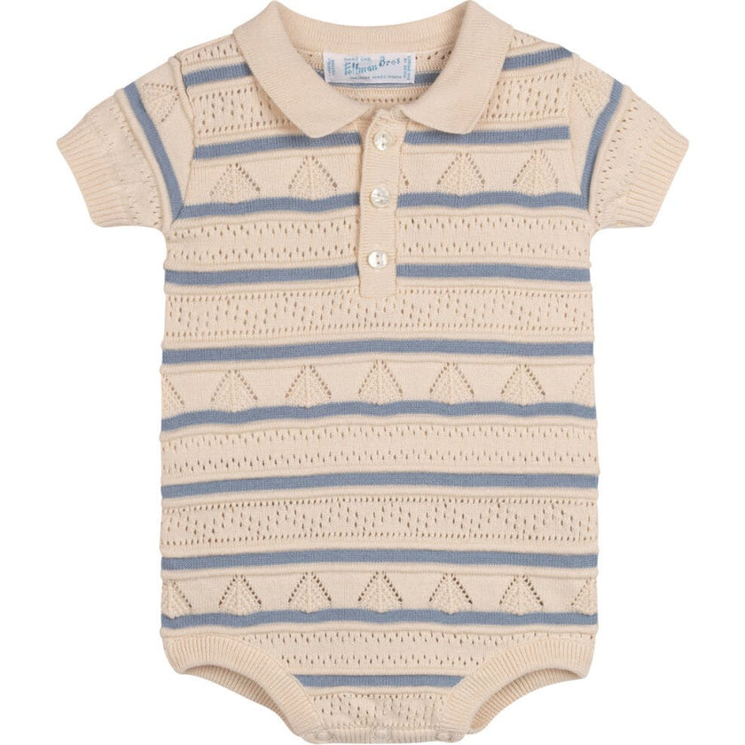 Boys Pointelle Striped Knit Romper Ecru
