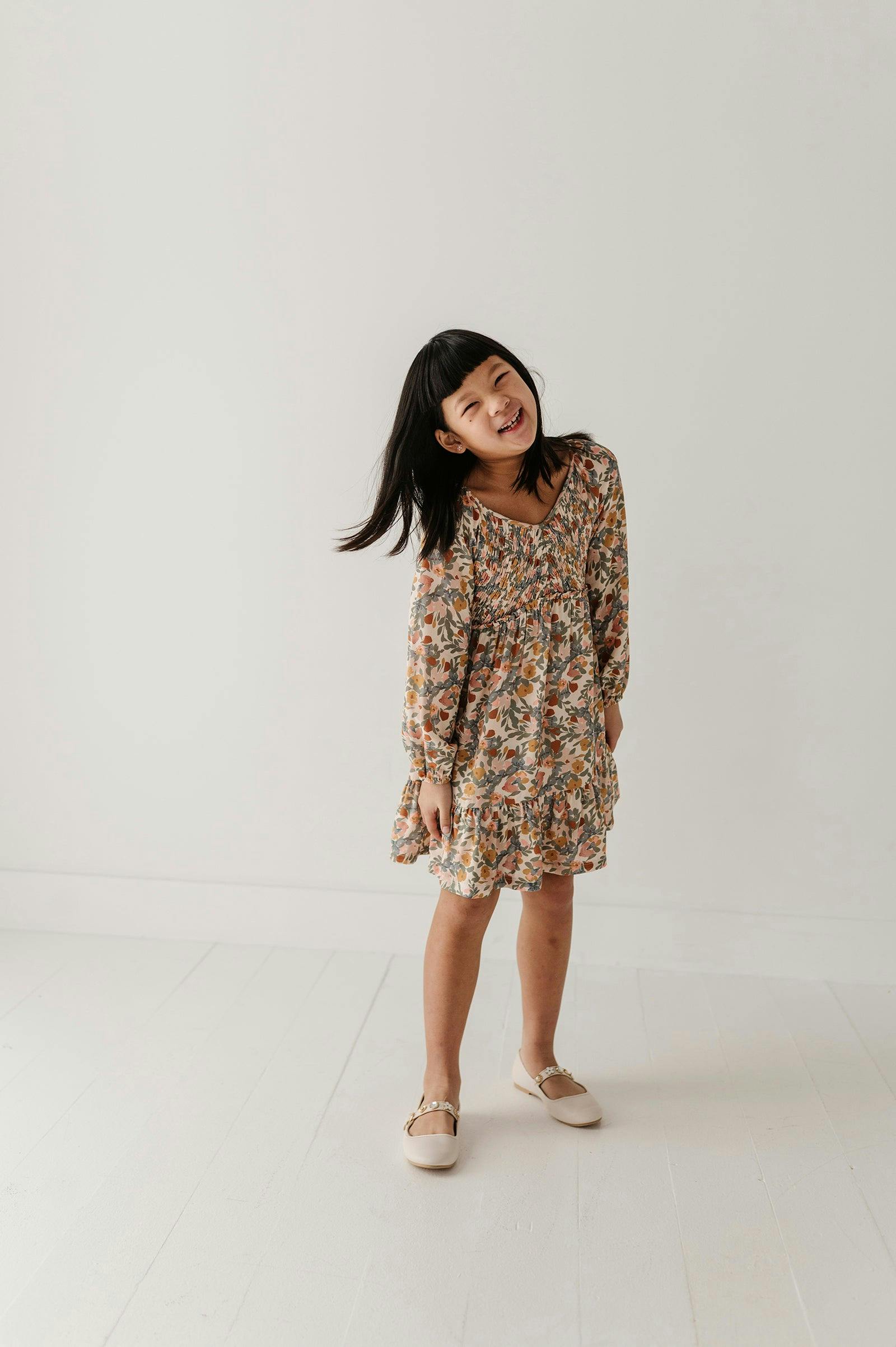 Girls Mitered Smocked Front Babydoll Dress in Mason Small Floral