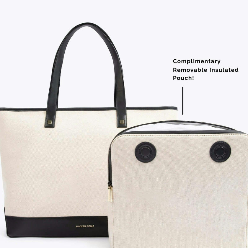 Vegan Leather Work Tote Bag with Removable Insulated Pouch, Black Canvas
