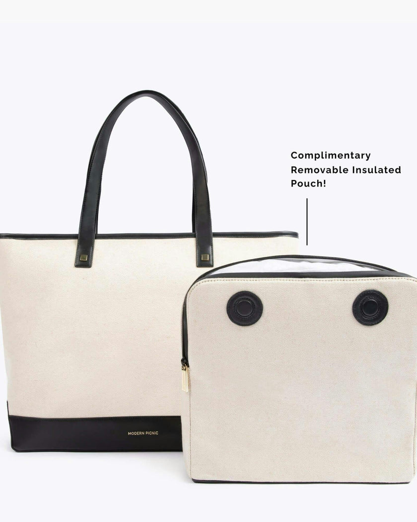 Vegan Leather Work Tote Bag with Removable Insulated Pouch, Black Canvas