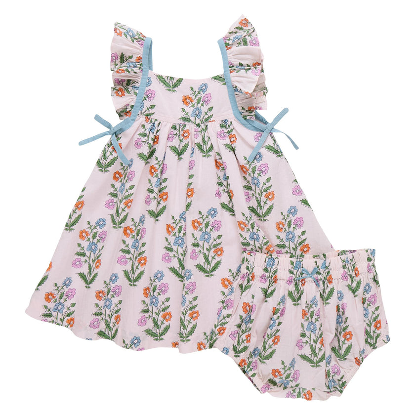 Baby Girls Ailee Dress Set - Pink Dewdrop Block Print