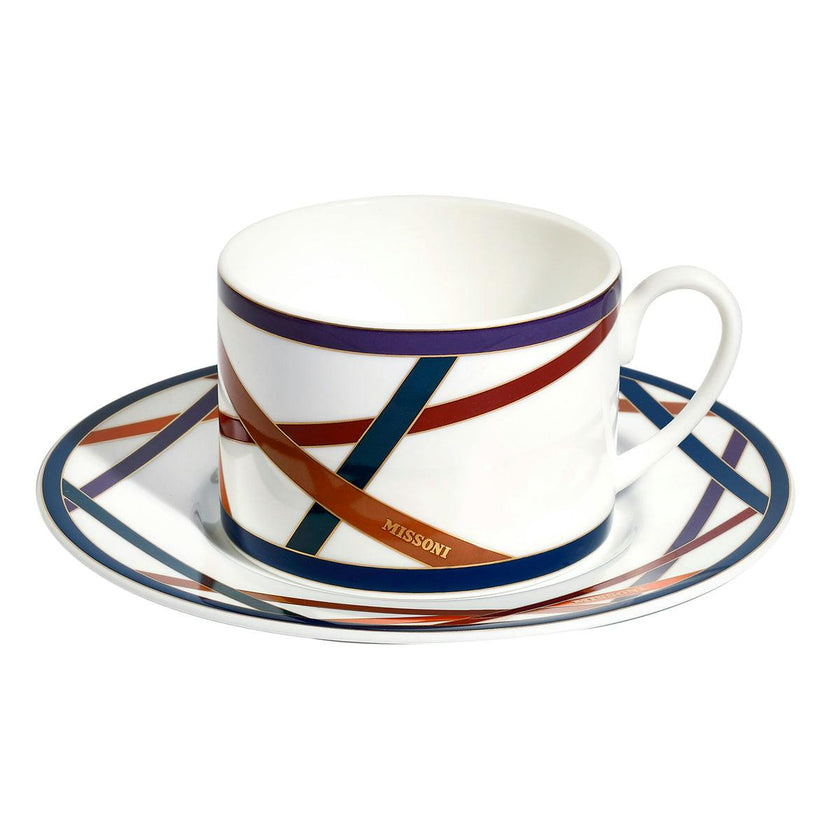 Tea Cup & Saucer NASTRI Set of 2 in Luxury Box Multicolor diam. 3.3", H 2.3", cap. 7.5 oz, Saucer dim. 6"