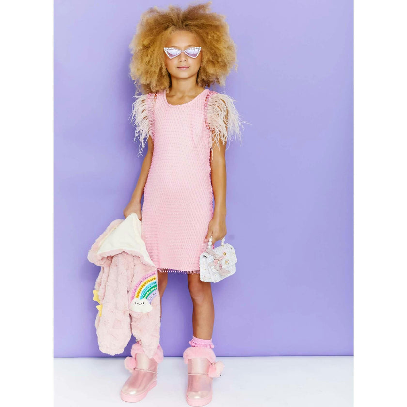 Crystal Feather Trim Sleeve Shimmer Sequin Dress