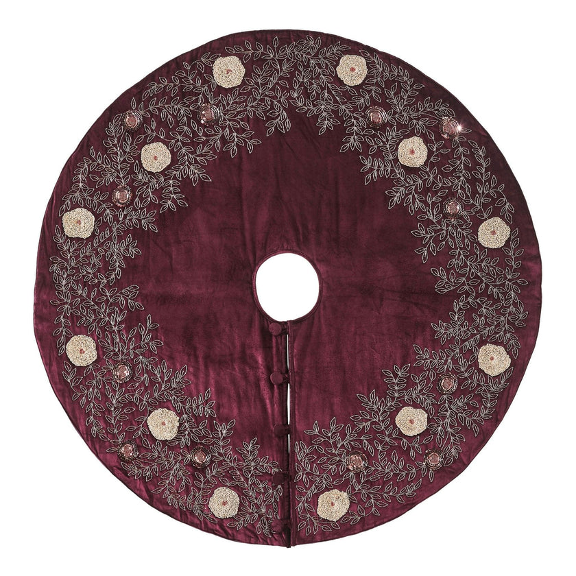 Hand Beaded Velvet Floral WIne Christmas Tree Skirt 60"