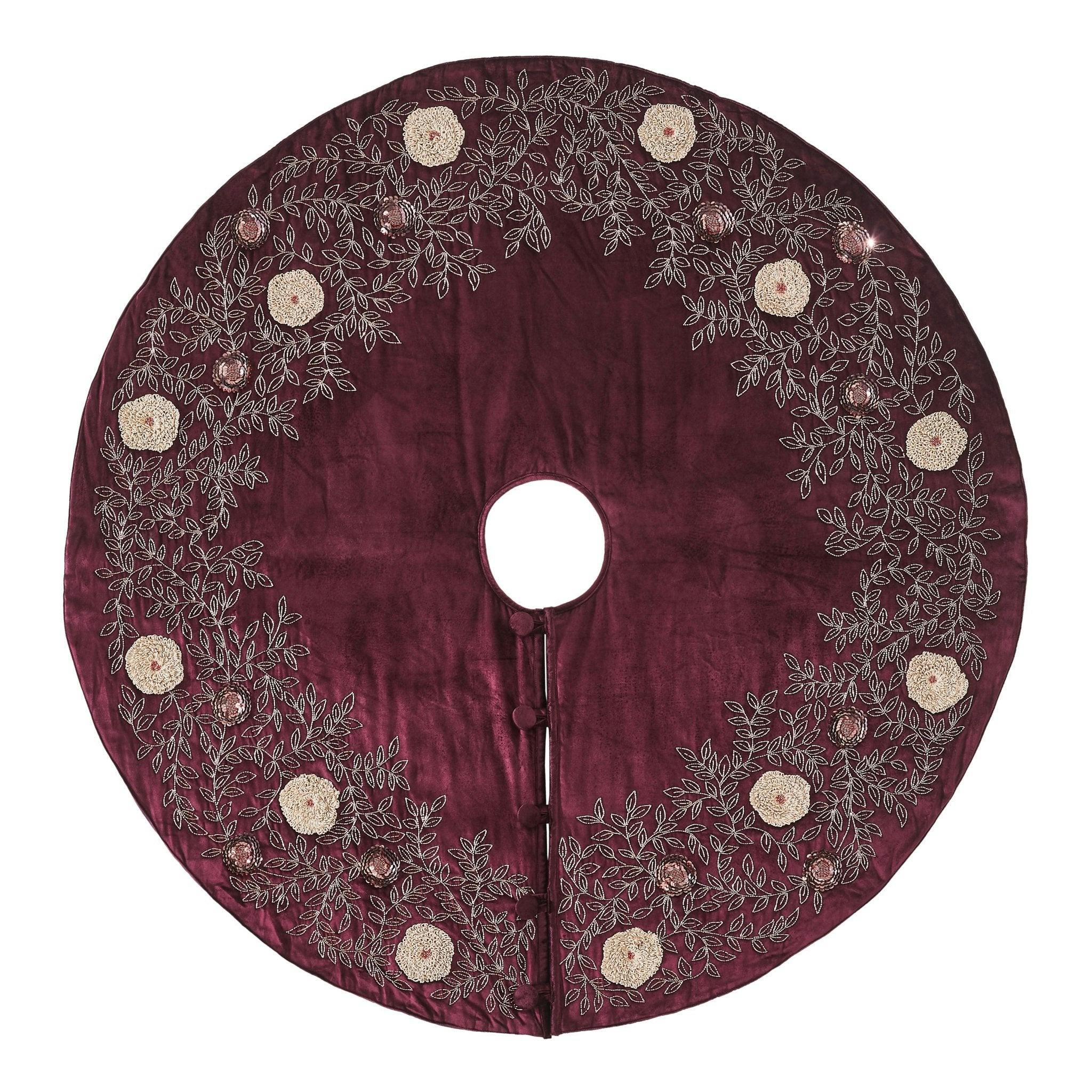 Hand Beaded Velvet Floral WIne Christmas Tree Skirt 60
