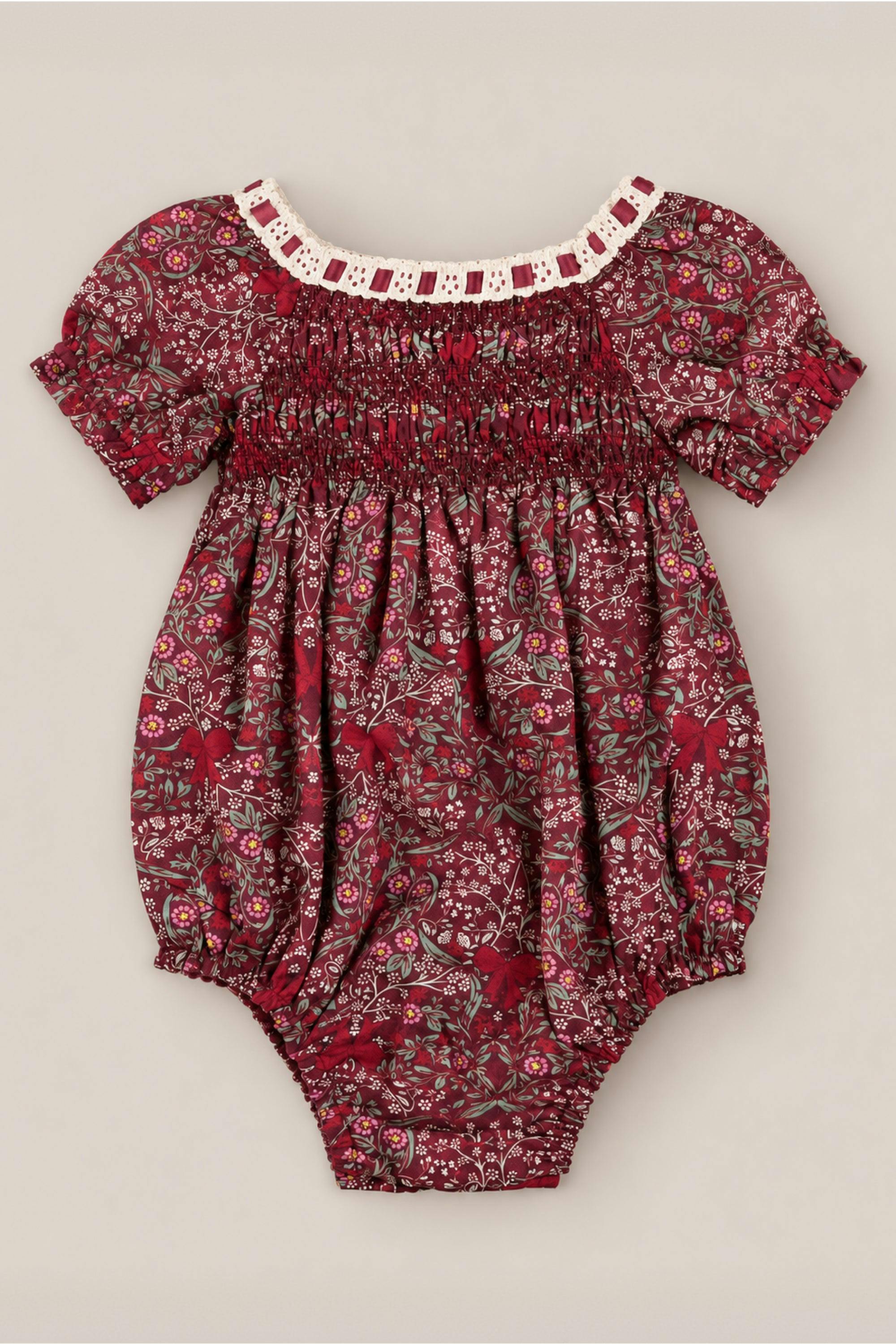 Baby Sunday Best Romper in Garnet Ribboned Garden