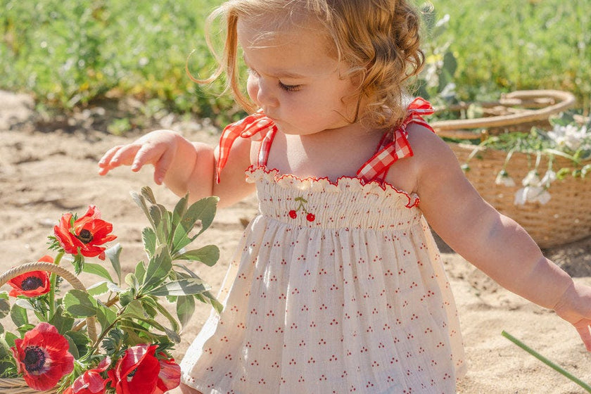 Embroidered Smock Set in Red Dot/Cherry